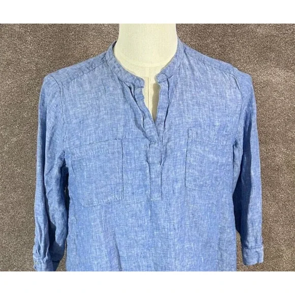 Chicos Top Womens 2 Large 12 Blue Chambray‎ 100% Linen 3/4 Sleeve Pockets Blouse - Picture 4 of 10
